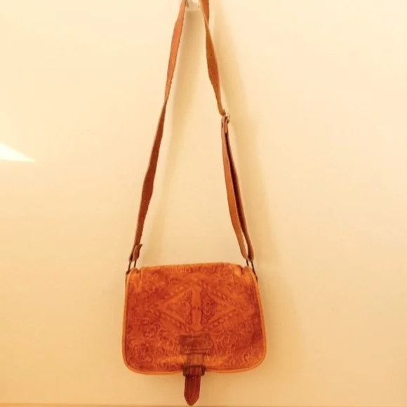 🐎Brown Tooled Leather Shoulder Crossbody Bag Flawed - Picture 1 of 3